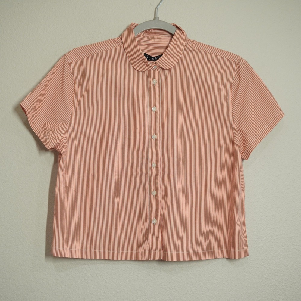 J. Crew Women Size 6 Club Collar Cropped Cotton Poplin Shirt Orange White Stripe
